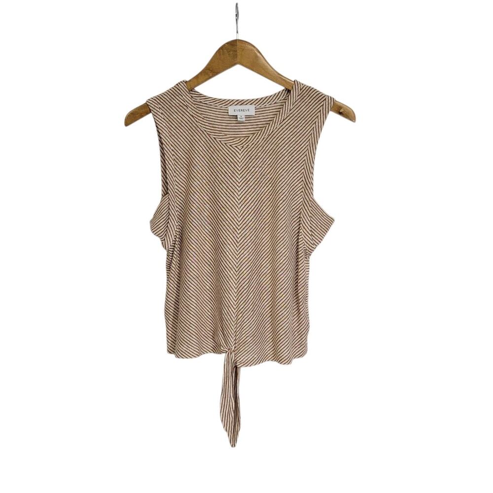 Evereve Tan White Striped Linen Blend Riley Tie Front Tank Sleeveless Top Small